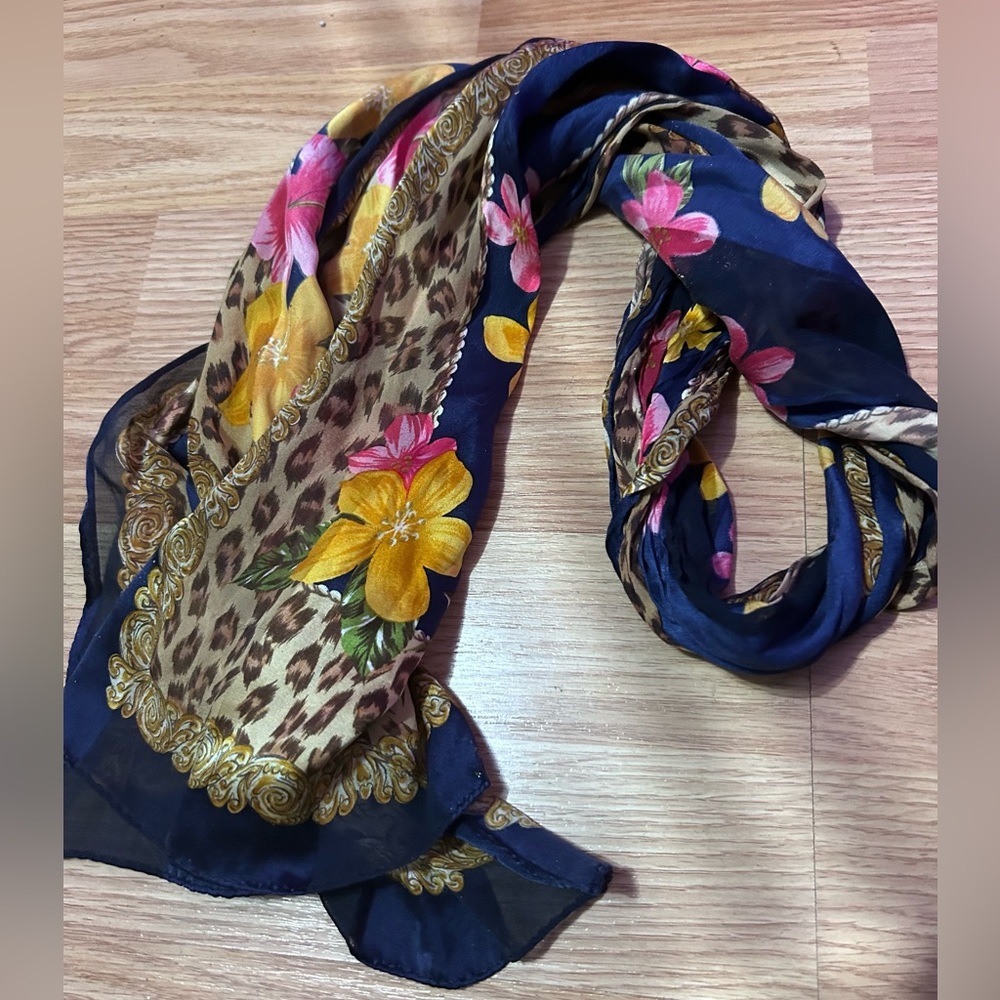 Vintage Adrienne Vittadini Blue Floral and Leopard Scarf 100% silk